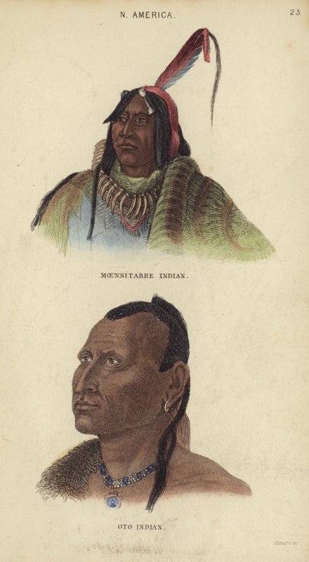 Portretter av en Moenitarre-indianer og en Oto-indianer (fargegravering) av English School