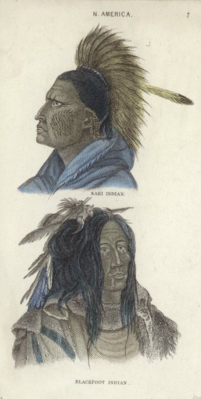 Portretter av en Saki-indianer og en Blackfoot-indianer (fargegravering) av English School