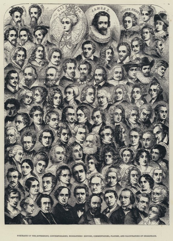 Portretter av suverene, samtidige, biografer, redaktører, kommentatorer, spillere og illustratører av Shakspeare (gravering) av English School