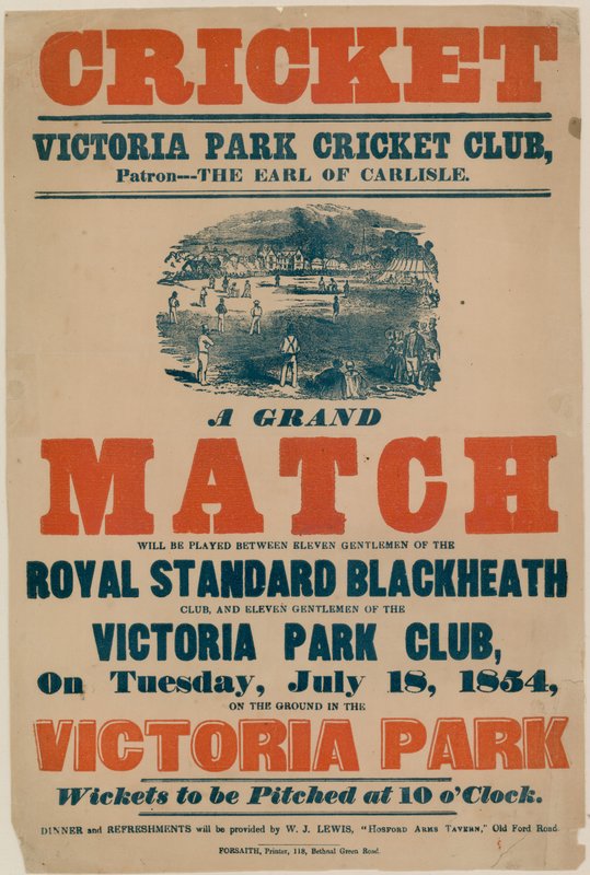 Plakat som reklamerer for en cricketkamp på Victoria Park Cricket Club 18. juli 1854 av English School