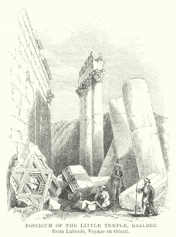 Posticum av det lille tempelet, Baalbec (gravering) av English School