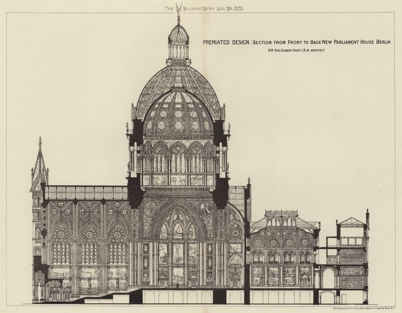 Premiert design, snitt fra forsiden til baksiden New Parliament House Berlin (gravering) av English School