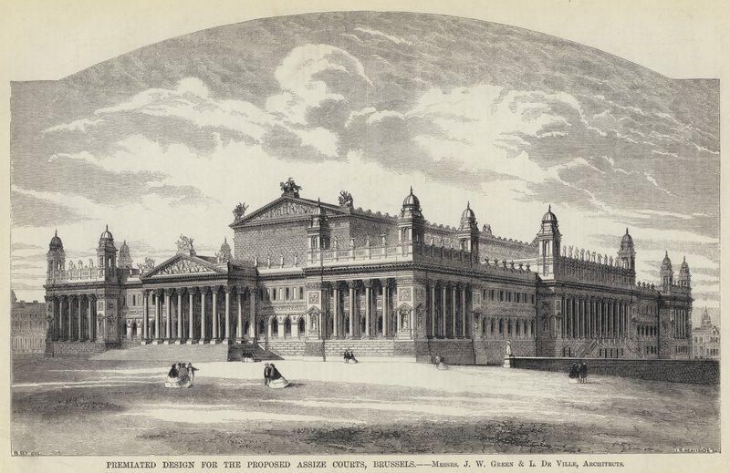 Premiert design for de foreslåtte Assize-domstolene, Brussel (gravering) av English School
