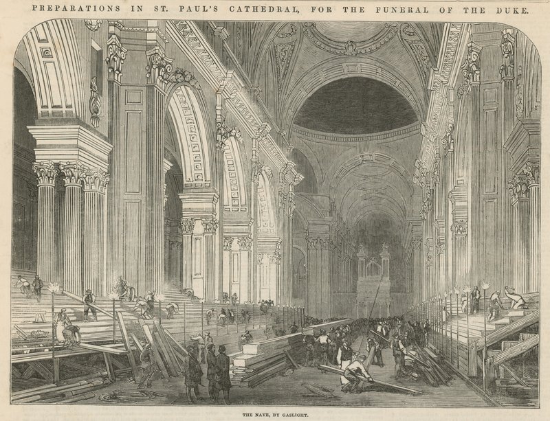 Forberedelser i St Pauls Cathedral for begravelsen til hertugen av English School