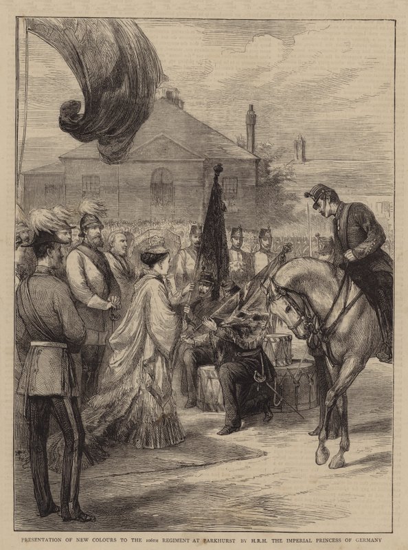 Presentasjon av nye farger til 106. regiment i Parkhurst av HRH den keiserlige prinsesse av Tyskland (gravering) av English School