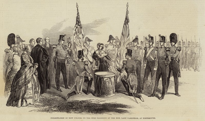 Presentasjon av nye farger til det 43. regiment av den ærede dame Pakenham, i Portsmouth (gravering) av English School