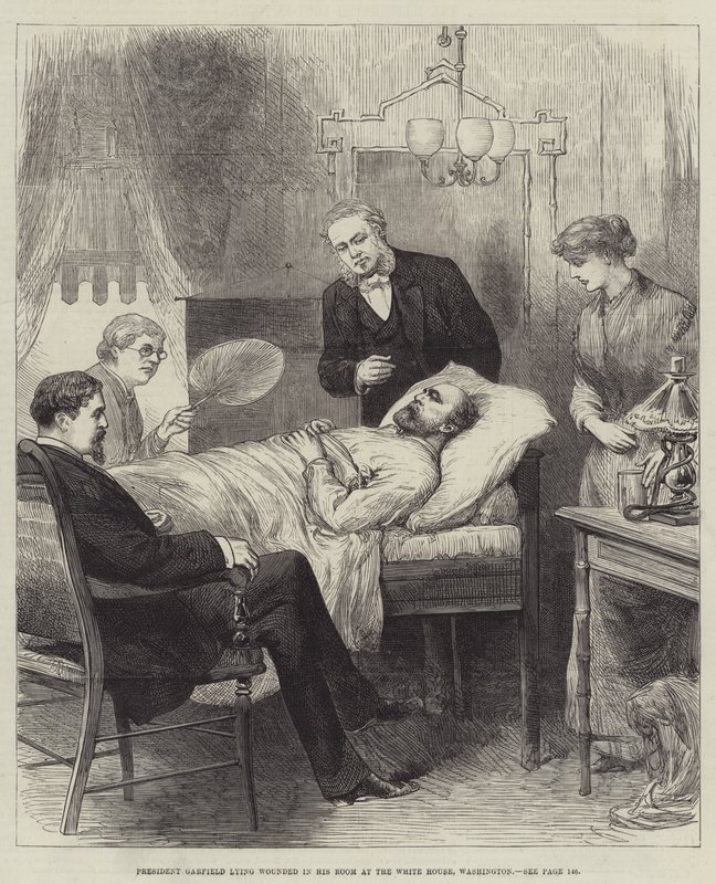 President Garfield ligger såret på rommet sitt i Det hvite hus, Washington av English School