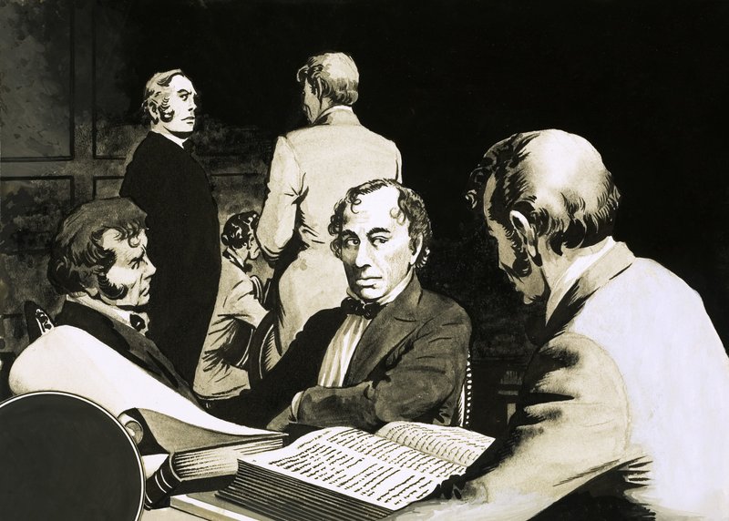 Statsminister Benjamin Disraeli konfererer med sine konservative kolleger av English School
