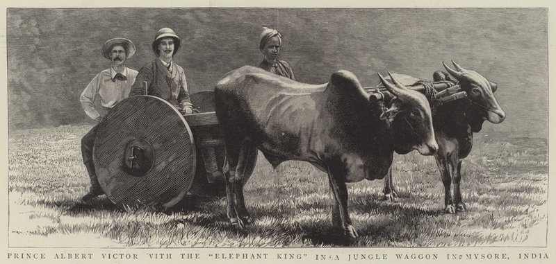 Prins Albert Victor med "Elephant King" i en Jungle Waggon i Mysore, India (gravering) av English School