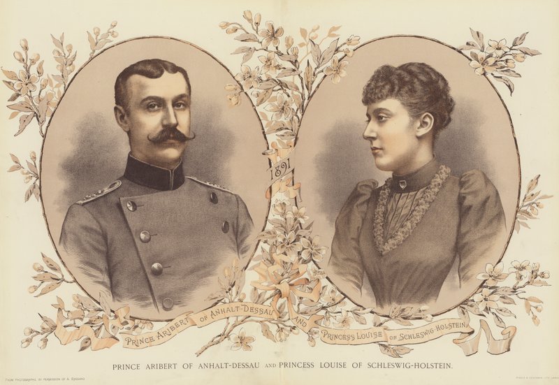 Prins Aribert av Anhalt-Dessau og prinsesse Louise av Schleswig-Holstein (chromolitho) av English School