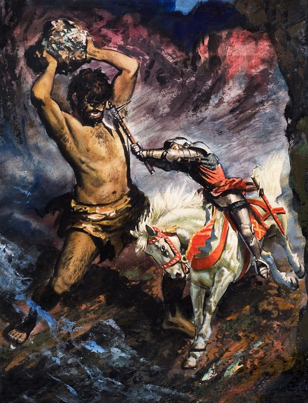 Prins Arthur dreper kjempen, illustrasjon fra «Alvedronningen» (gouache på papir) av English School