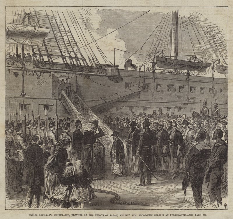 Prins Tokugawa Minbutaiho, bror til Tycoon of Japan, besøker HM Troop-Ship Serapis i Portsmouth (gravering) av English School