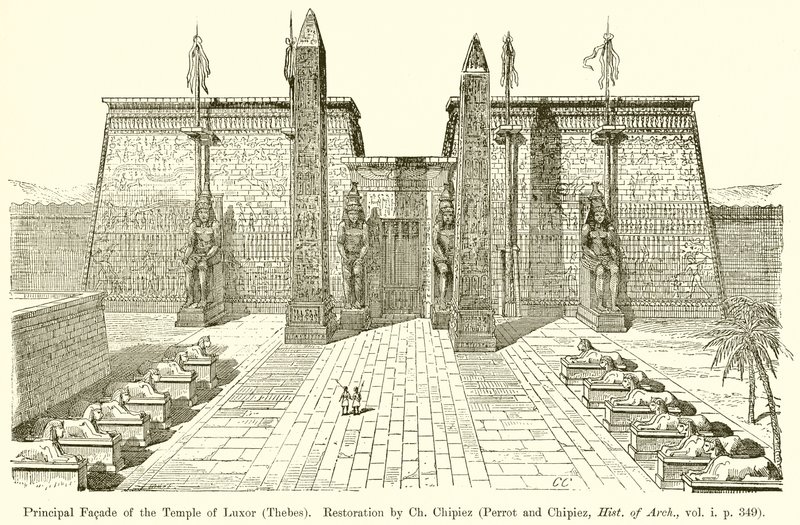 Hovedfasade til Luxor-tempelet (Theben). Restaurering av Ch. Chipiez (Perrot and Chipiez, Hist. of Arch., vol. i. s. 349) av English School