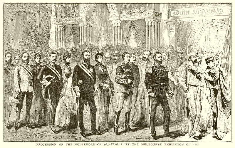 Prosesjon av guvernørene i Australia på Melbourne-utstillingen i 1888 av English School
