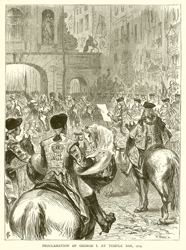 Proklamasjon av George I ved Temple Bar, 1714 av English School