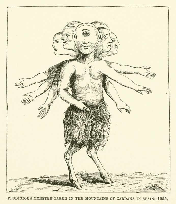 Fantastisk monster tatt i fjellene i Zardana i Spania, 1655 av English School