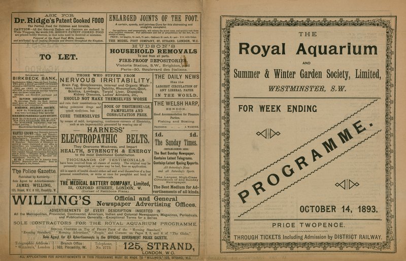Program for arrangementer på Royal Aquarium av English School