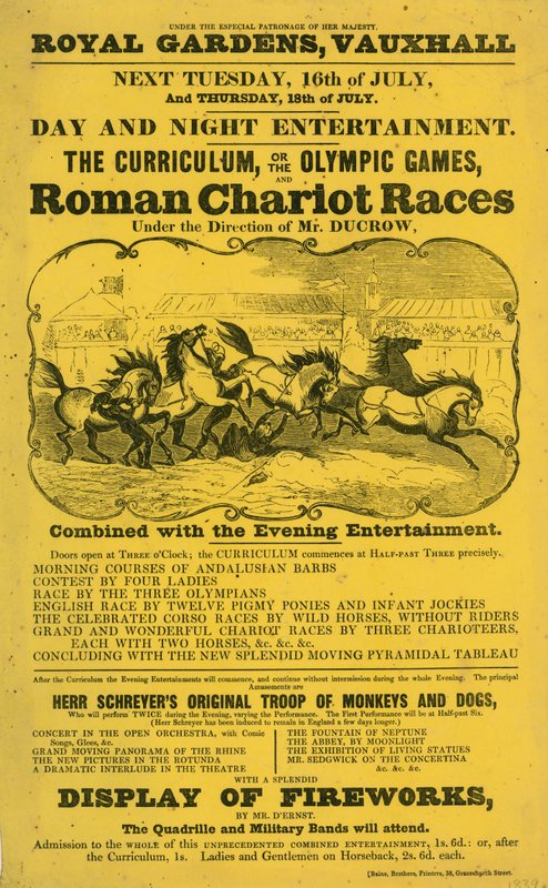 Kampanjehefte for The Curriculum; eller, De olympiske leker og Roman Chariot Race i Royal Gardens, Vauxhall, London av English School
