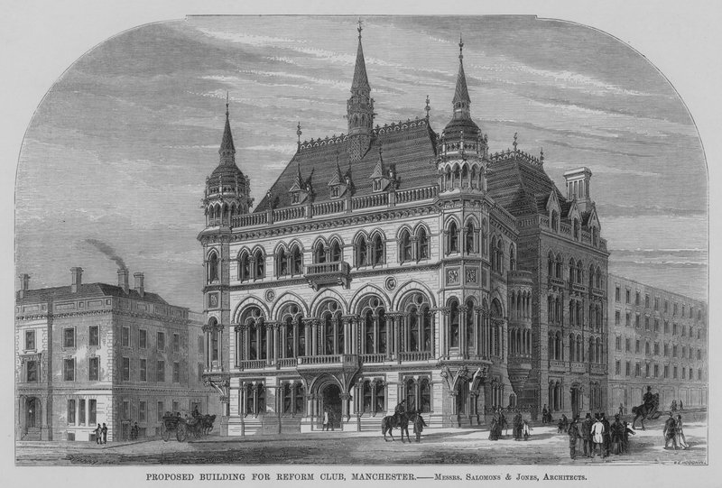 Foreslått bygning for Reform Club, Manchester (gravering) av English School
