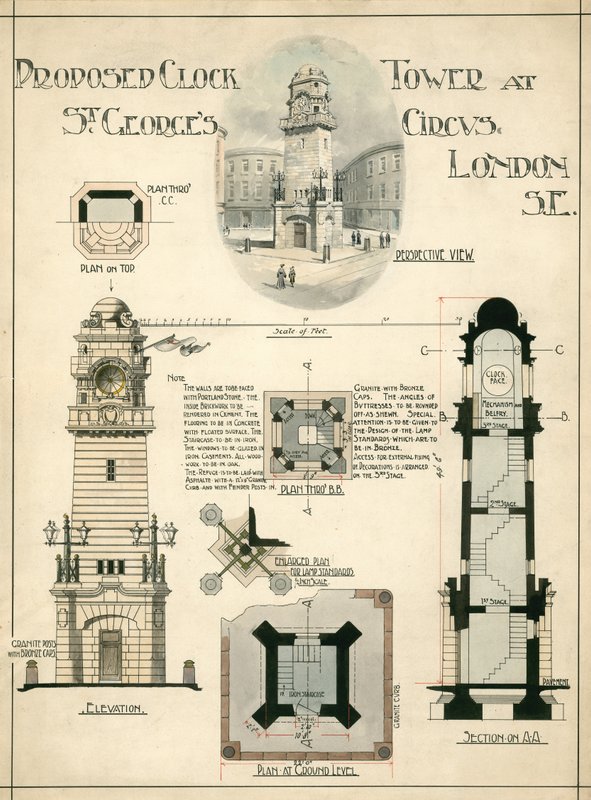 Foreslått klokketårn ved St Georges Circus, London SE (blekk på papir) av English School