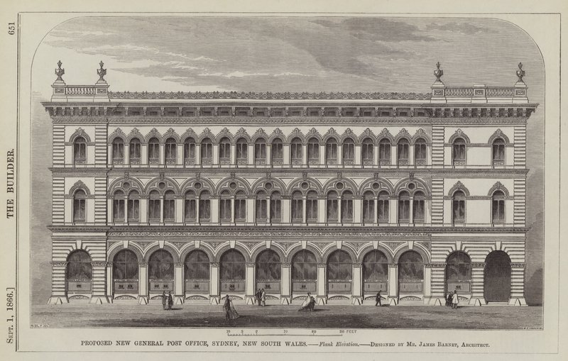 Foreslått nytt generalpostkontor, Sydney, New South Wales, Flank Elevation, designet av James Barnet, arkitekt (gravering) av English School