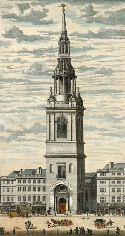 Prospekt av Bow Church og Steeple i Cheapside, London av English School