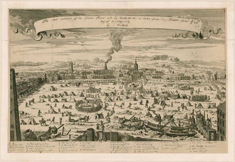 Prospektet til den frosne Themsen, tatt fra tempeltrappen 20. januar 171516 av English School