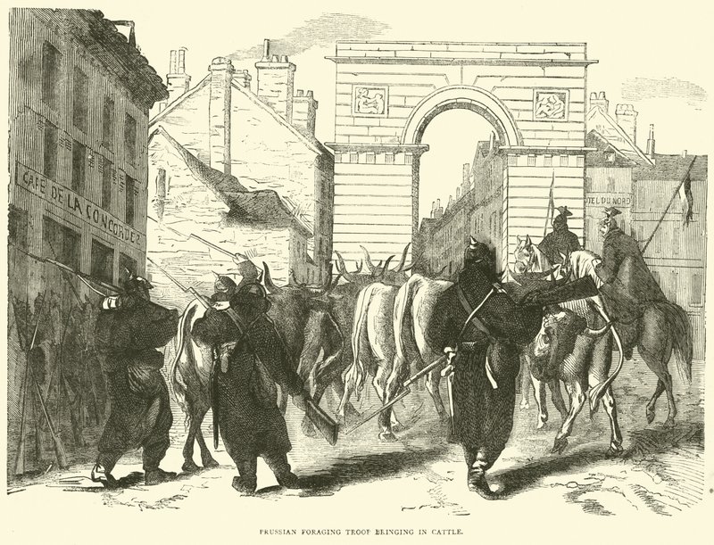 Den prøyssiske forsøkende tropp som henter inn storfe, oktober 1870 av English School