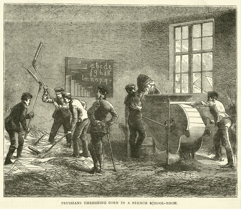 Prøyssere som tresker mais i et fransk skolerom, september 1870 av English School