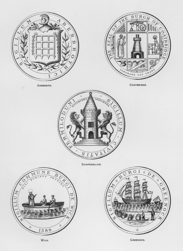 Offentlige våpen: Arbroath; Coatbridge; Dunfermline; Veke; Greenock (gravering) av English School