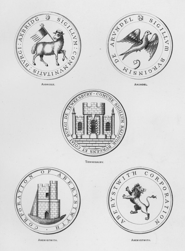 Offentlige våpen: Axbridge; Arundel; Tewkesbury; Aberystwith (gravering) av English School