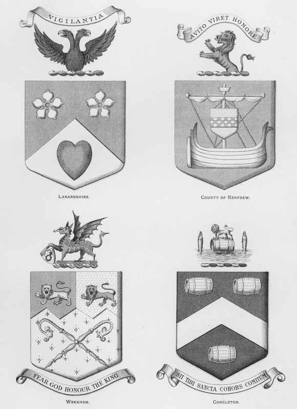 Offentlige våpen: Lanarkshire; County of Renfrew; Wrexham; Congleton (gravering) av English School