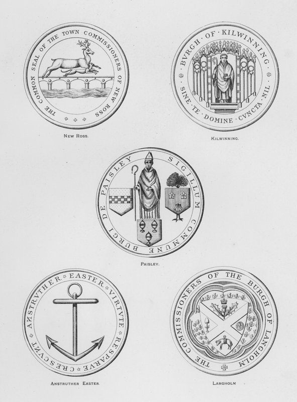 Offentlige våpen: New Ross; Kilwinning; Paisley; Anstruther påske; Langholm (gravering) av English School