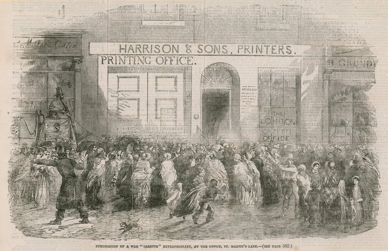 Publisering av en ekstraordinær krigstidende, på kontoret, St Martins Lane av English School
