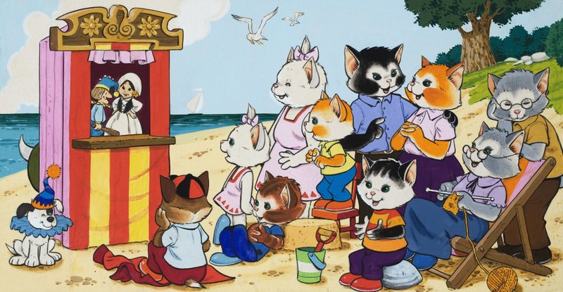 Punch og Judy viser ved sjøen av English School