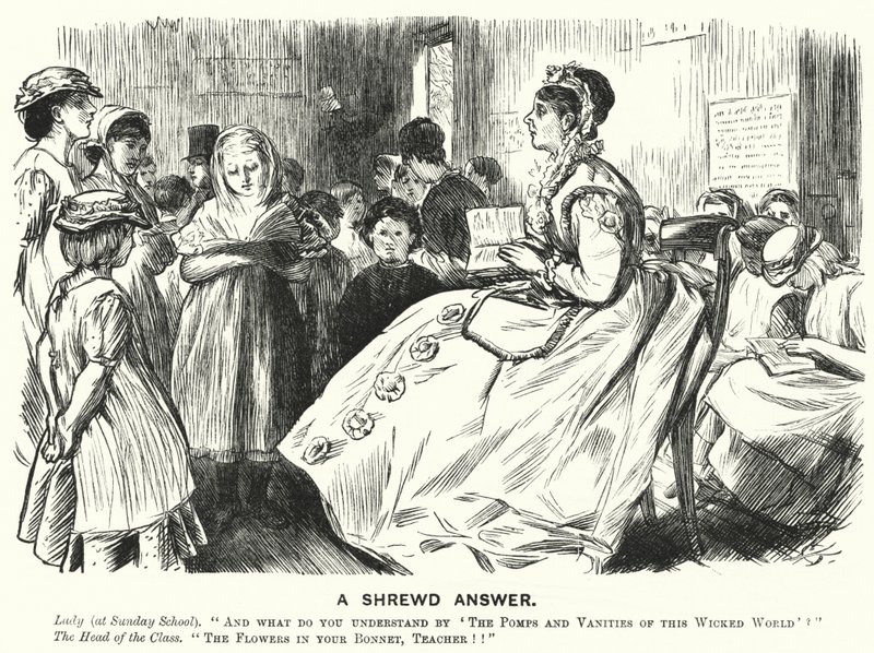 Punch tegneserie: A Shrewd Asnwer - viktoriansk søndagsskolescene (gravering) av English School
