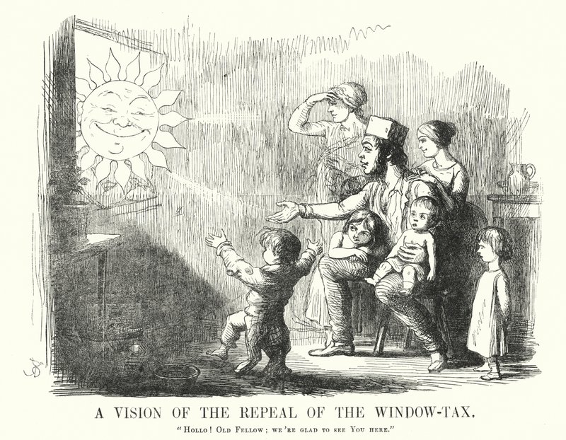 Punch tegneserie: A Vision of the Repeal of the Window Tax (gravering) av English School