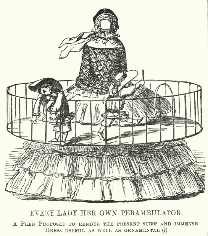 Punch tegneserie: Every Lady Her Own Perambulator - moten for bøyleskjørt for kvinner (gravering) av English School
