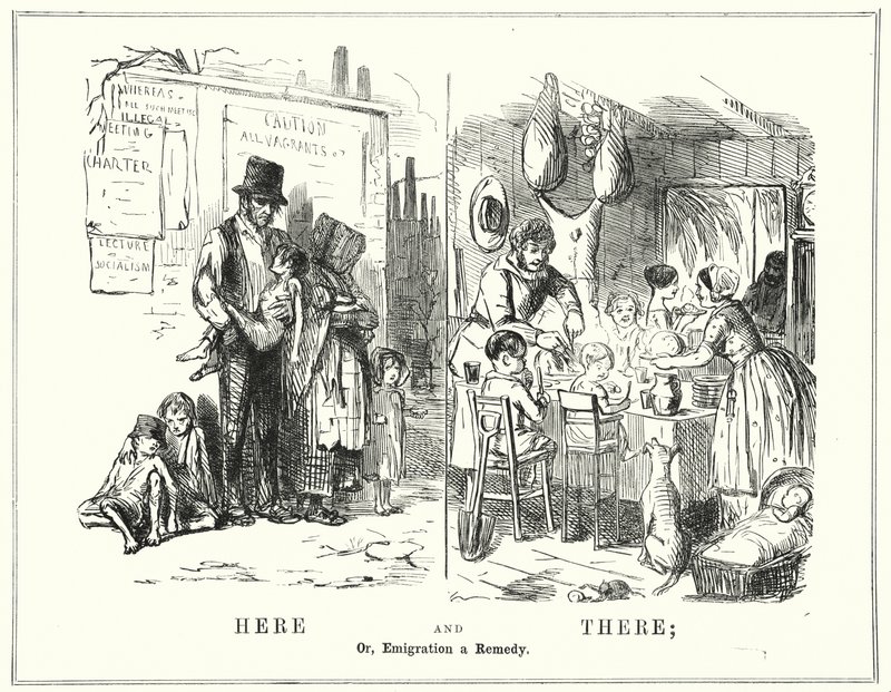 Punch tegneserie: Here and There, eller, Emigration a Remedy (gravering) av English School