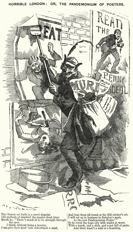 Punch tegneserie: Horrible London: eller, Pandemonium of Posters - London på tidspunktet for Jack the Ripper-drapene (gravering) av English School