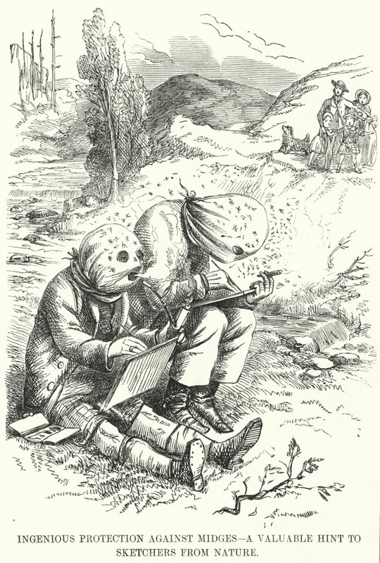Punch tegneserie: Genial beskyttelse mot midges - et verdifullt hint til Sketchers from Nature (gravering) av English School