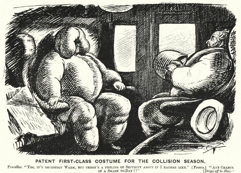 Punch tegneserie: Patent førsteklasses kostyme for kollisjonssesongen - sikkerhet på jernbanen (gravering) av English School