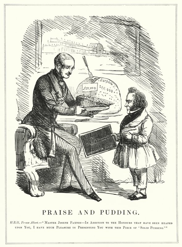 Punch tegneserie: Praise and Pudding: Prins Albert belønner Joseph Paxton for å ha designet Crystal Palace for å huse den vellykkede store utstillingen fra 1851 i Hyde Park, London (gravering) av English School