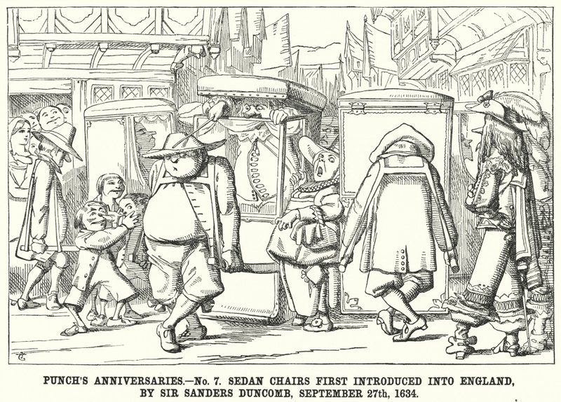 Punch-tegneserie: Punch's Anniversaries - nr. 7. Sedan-stoler ble først introdusert i England, av Sir Sanders Duncomb, 27. september av English School