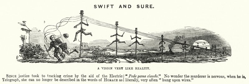 Punch tegneserie: Swift and Sure - bruken av elektrisk telegrafi for å spore kriminalitet (gravering) av English School
