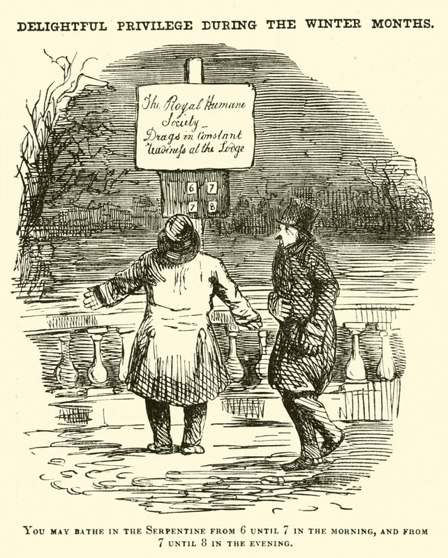 Punch tegneserie: Swimming in the Serpentine, Hyde Park, London av English School
