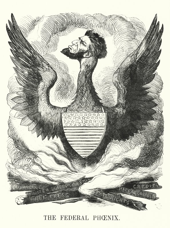 Punch tegneserie: The Federal Phoenix - Abraham Lincolns gjenvalg i det amerikanske presidentvalget i 1864 (gravering) av English School