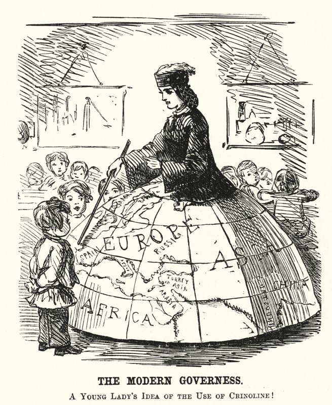 Punch tegneserie: The Modern Governess - et bredt bøyleskjørt som fungerer som et geografiundervisningshjelpemiddel (gravering) av English School