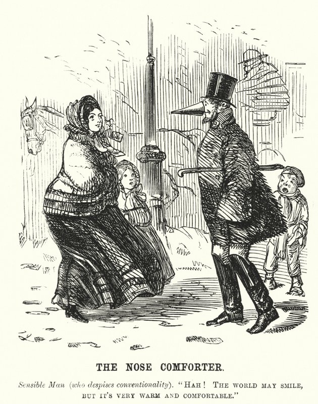 Punch tegneserie: The Nose Comforter - mann som beskytter nesen mot kulde (gravering) av English School