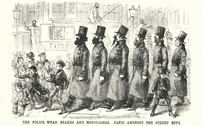 Punch tegneserie: The Police Wear Beards and Moustaches. Panikk blant gateguttene (gravering) av English School